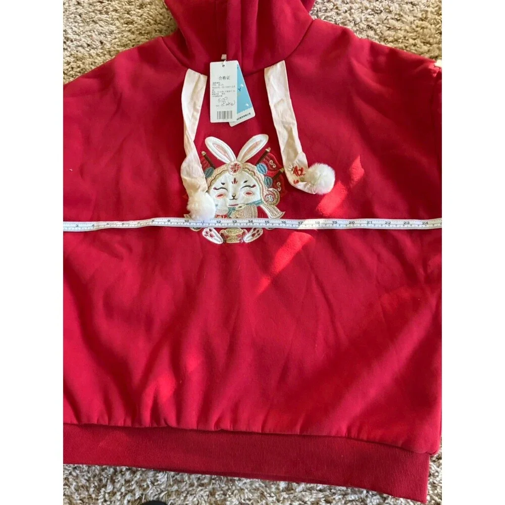 Chinese New Year Rabbit Hoodie XL Red Embroidered Pom Pom Lunar New Year NWT